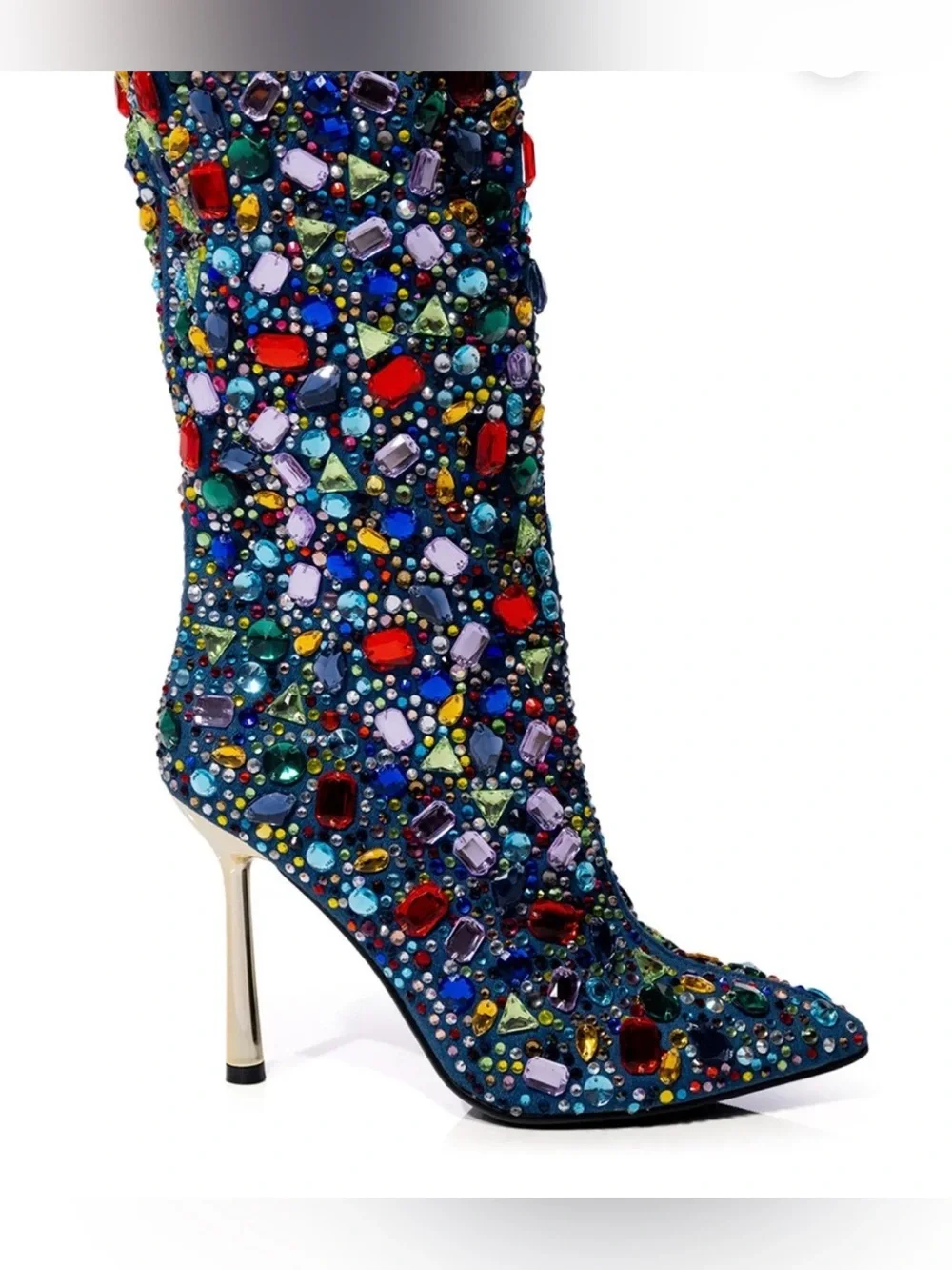 Azalea Wang Multicolor Rhinestone denim knee high boots gold stiletto size 10